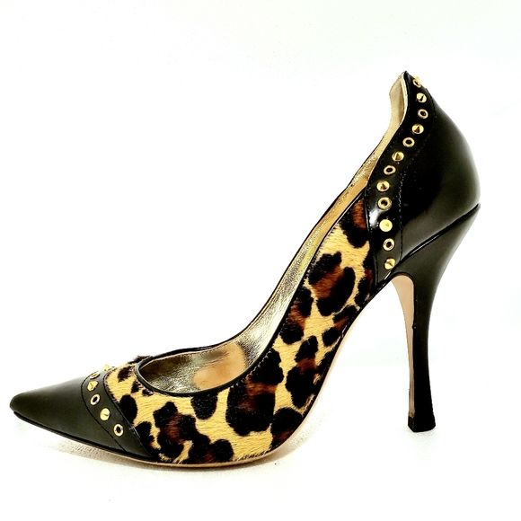 🐆EUC Gorgeous Leopard Print Heels W/Black Leather & Cool Studs By DSQUARED🐆 - Picture 1 of 13